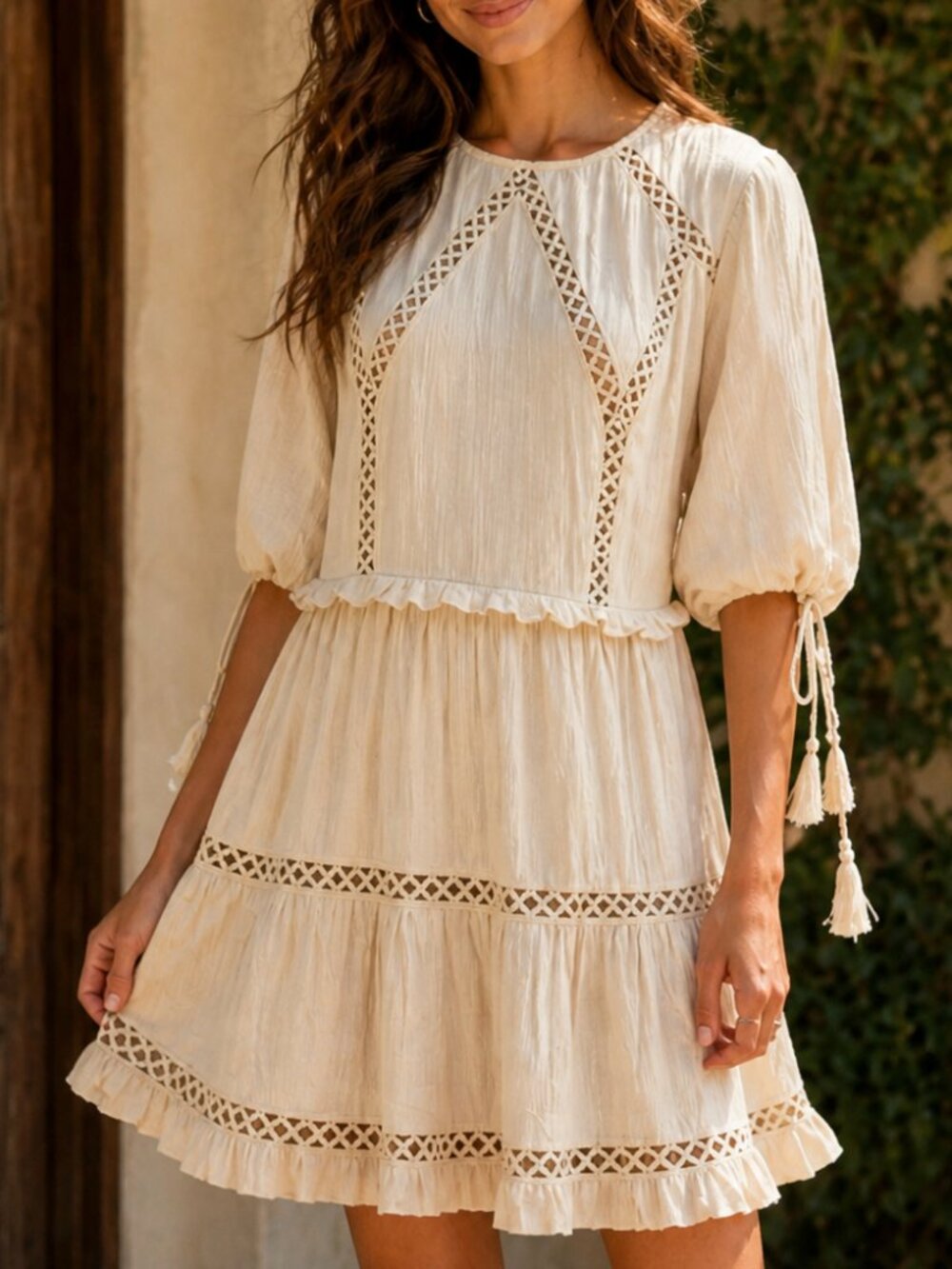 Esther & Co NWT Mini Dress Cream Lace Trim Tiered Boho Romantic S